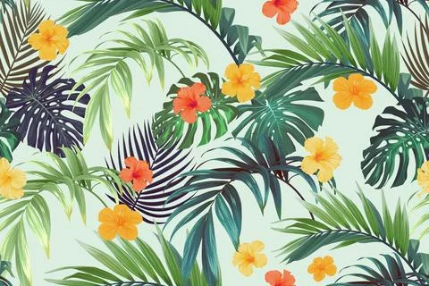 Tropical pattern with green palm leaves and hibiscus flowers. Summer bright Stock Illustration