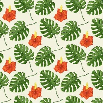 Tropical pattern with monstera leaves and gibiscus flower Stock Illustration
