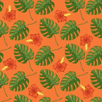 Tropical pattern with monstera plants and flovers Illustrazione stock
