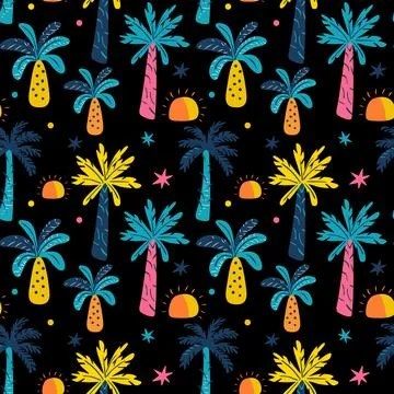 Tropical pattern with palm trees and suns. 库存插图