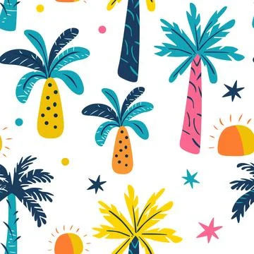 Tropical pattern with palm trees and suns. 库存插图