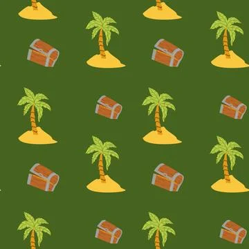 Tropical pattern with palm trees and treasure chests on green background Stock Illustration