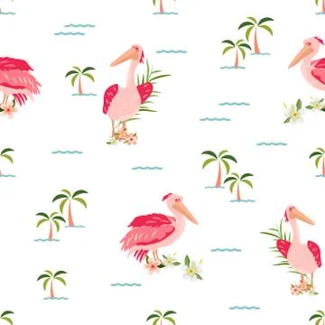 Tropical pattern with pelicans and palms Stock Illustration