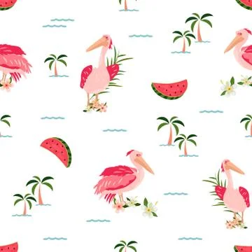 Tropical pattern with pelicans, watermelons Stock Illustration