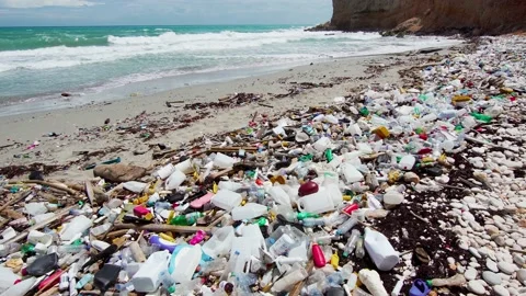 Tropical peninsula beach covered in plastic waste.  Stock-Footage 167944874