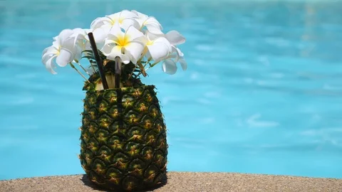 Tropical Pineapple Cocktail At Poolside Stock Footage 99538419