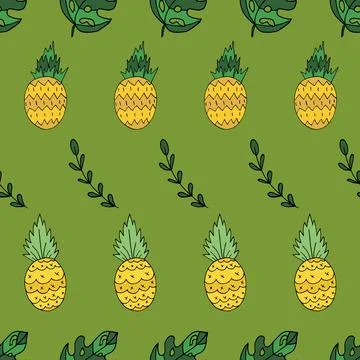 Tropical pineapples and leaves vector seamless pattern on green Stock Illustration