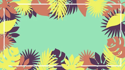 Tropical plant leaves appearing on solid background. Botanical frame template. Video stock 144444971