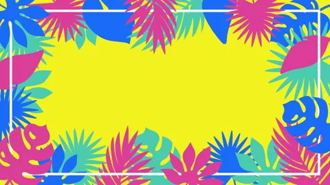 Tropical plant leaves appearing on solid background. Botanical frame template. Stock Footage 144449900