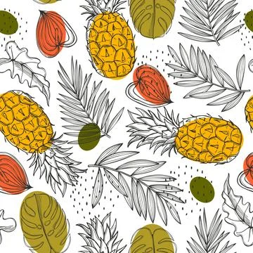 Tropical plants and pineapples.Vector pattern Stock Illustration