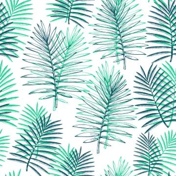 Tropical plants seamless pattern. Hand drawn tropical summer exotic leaves. J Stock Illustration
