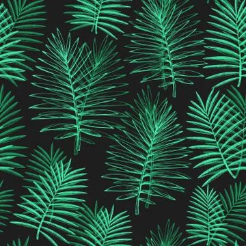 Tropical plants seamless pattern. Hand drawn tropical summer exotic leaves il Stock-Illustration