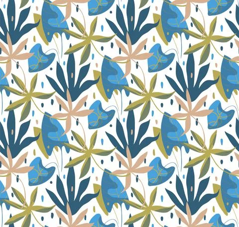Tropical plants seamless pattern, hand drawn rainforest. Blue beige color Stock Illustration