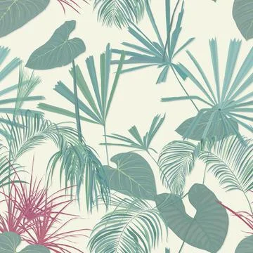 Tropical plants seamless pattern hand drawn vector wallpaper composition Stockillustratie