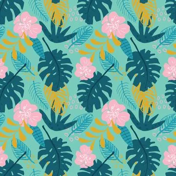 Tropical plants seamless pattern vector illustration. Exotic natural palm lea Illustrazione stock