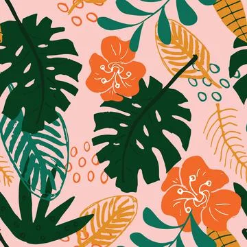 Tropical plants seamless pattern vector illustration. Exotic natural palm lea Illustrazione stock