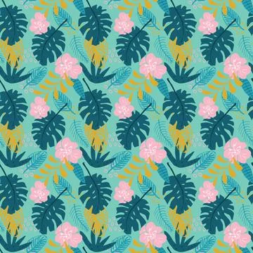 Tropical plants seamless pattern vector illustration. Exotic natural palm lea Stock Illustration