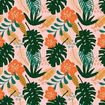 Tropical plants seamless pattern vector illustration. Exotic natural palm lea Stock Illustration
