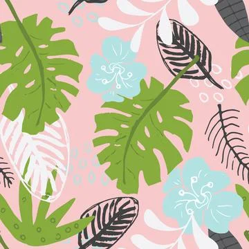 Tropical plants seamless pattern vector illustration. Exotic natural palm lea Stock Illustration