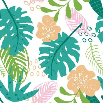 Tropical plants seamless pattern vector illustration. Exotic natural palm lea Stock Illustration