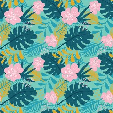 Tropical plants seamless pattern vector illustration. Exotic natural palm lea Illustrazione stock