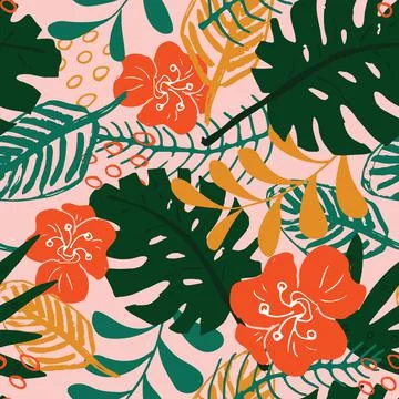 Tropical plants seamless pattern vector illustration. Exotic natural palm lea Illustrazione stock