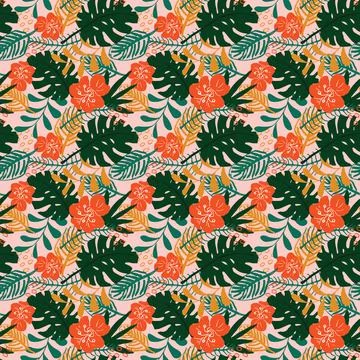 Tropical plants seamless pattern vector illustration. Exotic natural palm lea Illustrazione stock