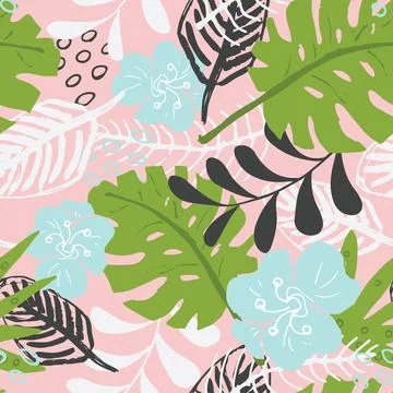 Tropical plants seamless pattern vector illustration. Exotic natural palm lea Stock Illustration