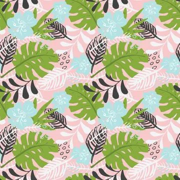 Tropical plants seamless pattern vector illustration. Exotic natural palm lea 스톡 일러스트