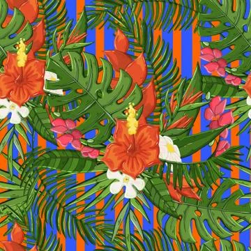 Tropical plants seamless pattern.Vector exotic background Stock Illustration