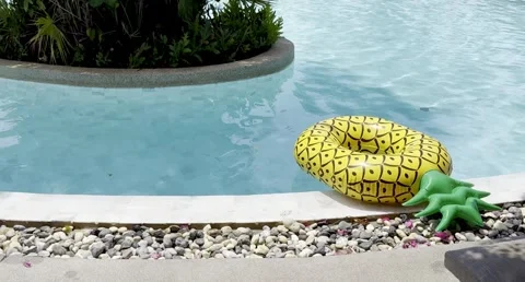 Tropical pool with pineapple float, perfect relaxation Stock Footage 303470556