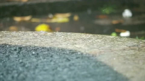 Tropical rain drops falling onto the surface of a swimming pool. Slow motion Stock Footage 228810024