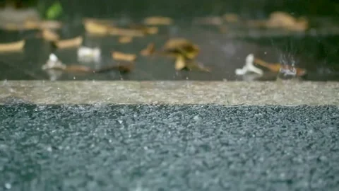 Tropical rain drops falling onto the surface of a swimming pool. Slow motion Video stock 228810049