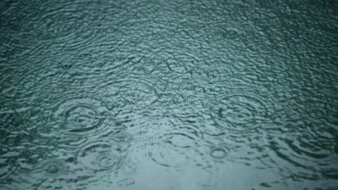 Tropical rain drops falling onto the surface of a swimming pool. Slow motion Stock Footage 234064462