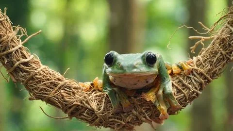 A tropical rain frog perched on a tree root Stock Photos