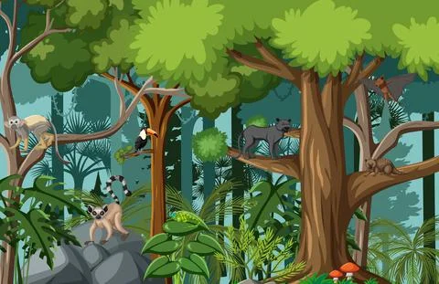 Tropical rainforest scene with various wild animals Stock Illustration