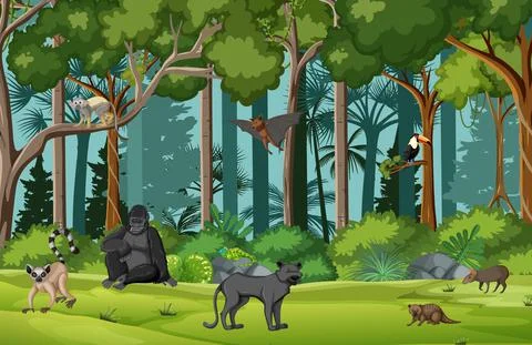 Tropical rainforest scene with various wild animals Stock Illustration