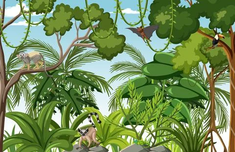 Tropical rainforest scene with various wild animals Stock Illustration