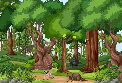 Tropical rainforest scene with various wild animals Stock Illustration