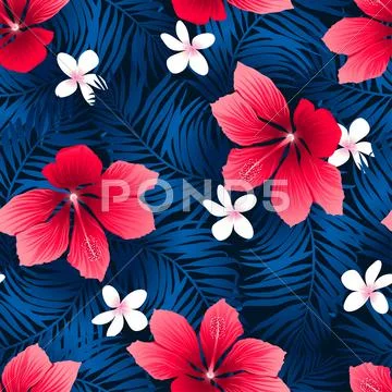 Tropical Red Hibiscus Flowers In A Seamless Pattern