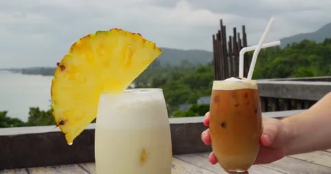 Tropical refreshing drinks in restaurant, summer vacation. Concept: spend summer Stock Footage 245840582