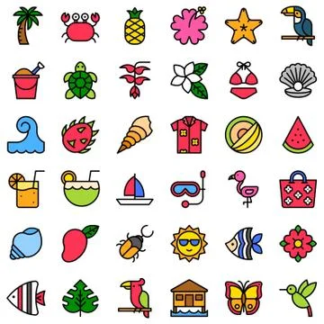 Tropical related vector icon set, filled style Stock Illustration