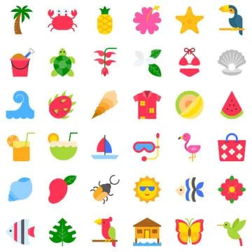 Tropical related vector icon set, flat style Illustrazione stock