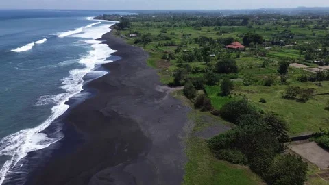 Tropical Remote Volcanic Black Sand Beach Coastline Landscape Drone View in 스톡 동영상 344991594