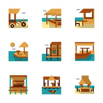 Tropical resort flat color vector icons Stock Illustration