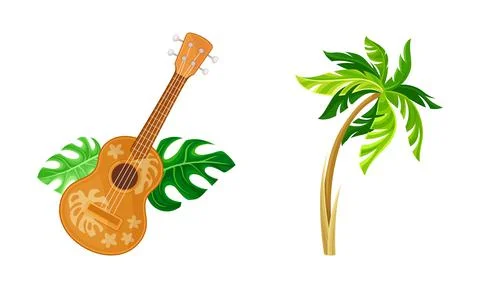Tropical resort objects set. Acoustic guitar and palm tree cartoon vector Stock Illustration
