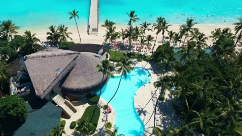 Tropical Resort Pool with Palm Trees - Aerial View in Impressive Punta Cana Stock Footage 308653456