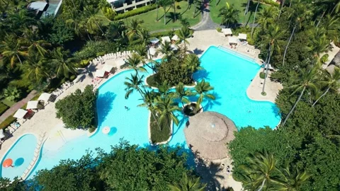 Tropical Resort Pool with Palm Trees - Aerial View in Impressive Punta Cana 스톡 동영상 308655196