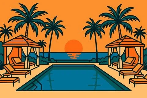 Tropical resort poolside cabanas with palm trees at sunset Illustration