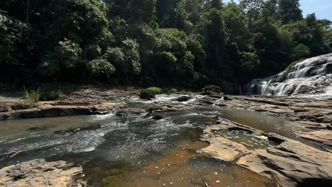 Tropical River Flowing Over Rocks, Cascading Waterfall, Lush Jungle, Wide Shot Stock Footage 324769213
